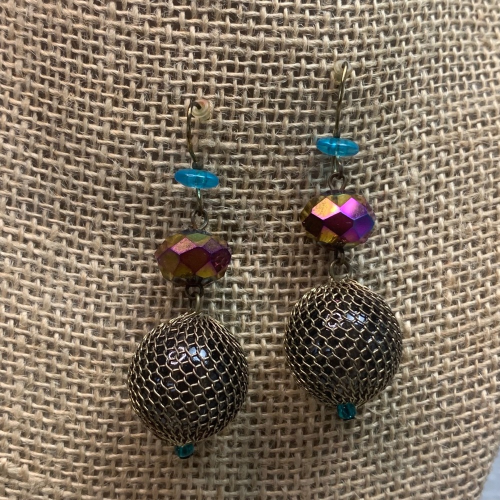 Bronze Mesh Orb Drop Earring Iridescent Faceted Bead Turquoise Accent Dangle5533